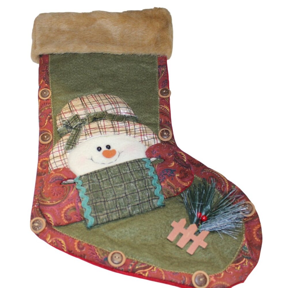 Rustic Country Plaid Snowman Christmas Stocking Faux Fur Trim & Decorative Butto